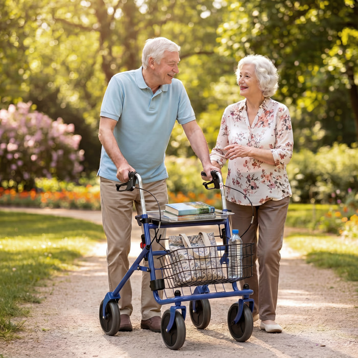 Andador para Ancianos Plegable, Andadores Adultos para Personas Mayores con Asiento y 4 Ruedas Altura Ajustable Frenos de Maneta Cesta Bandeja y Porta Bastón Azul