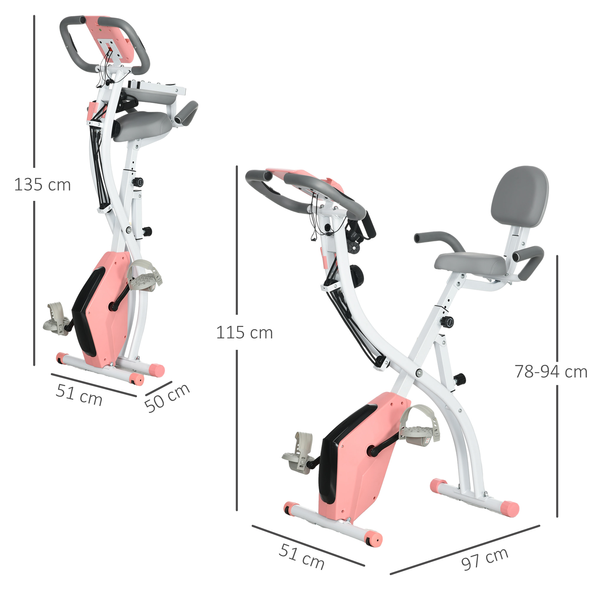 Vélo d'appartement pliant 8 niveaux de résistance magnétique dossier selle réglable poignées ergonomiques écran LCD multifonction suspensions support tablette acier rose blanc