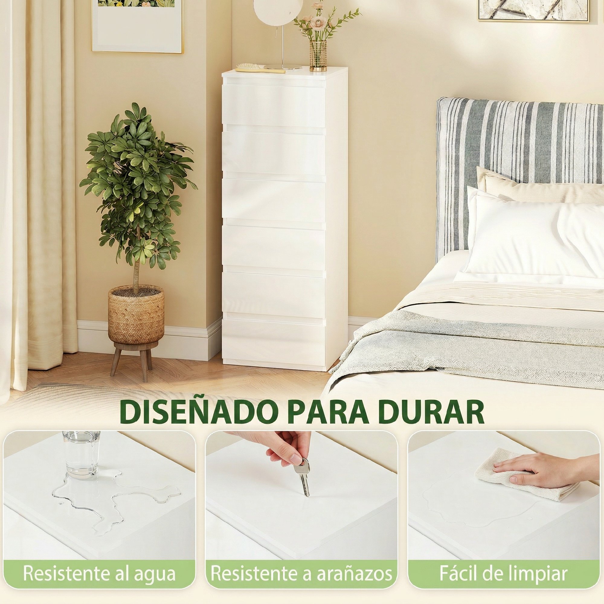 Cómoda 6 Cajones, Cómoda Dormitorio Estrecha de Blanco Brillo, Sinfonier, Ahorro Espacio, Cajonera para Sala de Estar, Comedor, Entrada, 40x35x109 cm