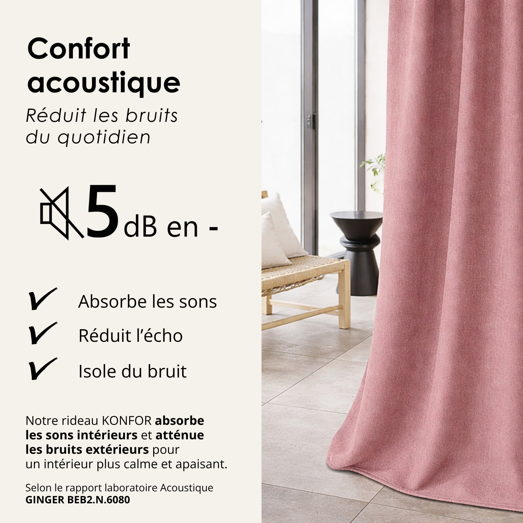 Rideau thermique phonique et semi occultant à galons fronceurs KONFOR - Rose
