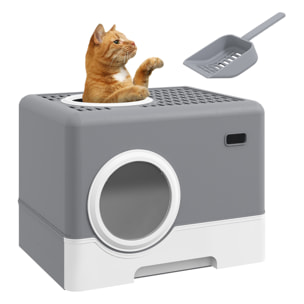 Arenero para Gatos Cubierto, Caja de Arena para Gatos con Bandeja Extraíble, Entrada Frontal y Salida Superior, Pala, Fácil de Limpiar, Antifugas, Gris