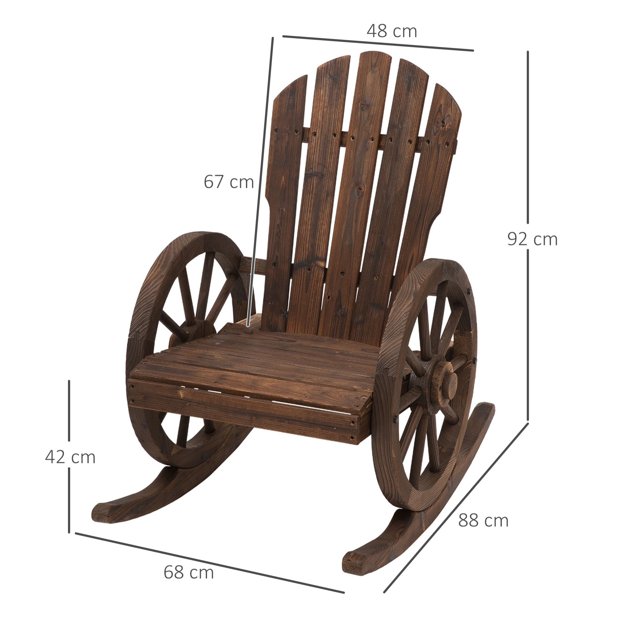 Fauteuil de jardin Adirondack accoudoirs roues charrette sapin carbonisé