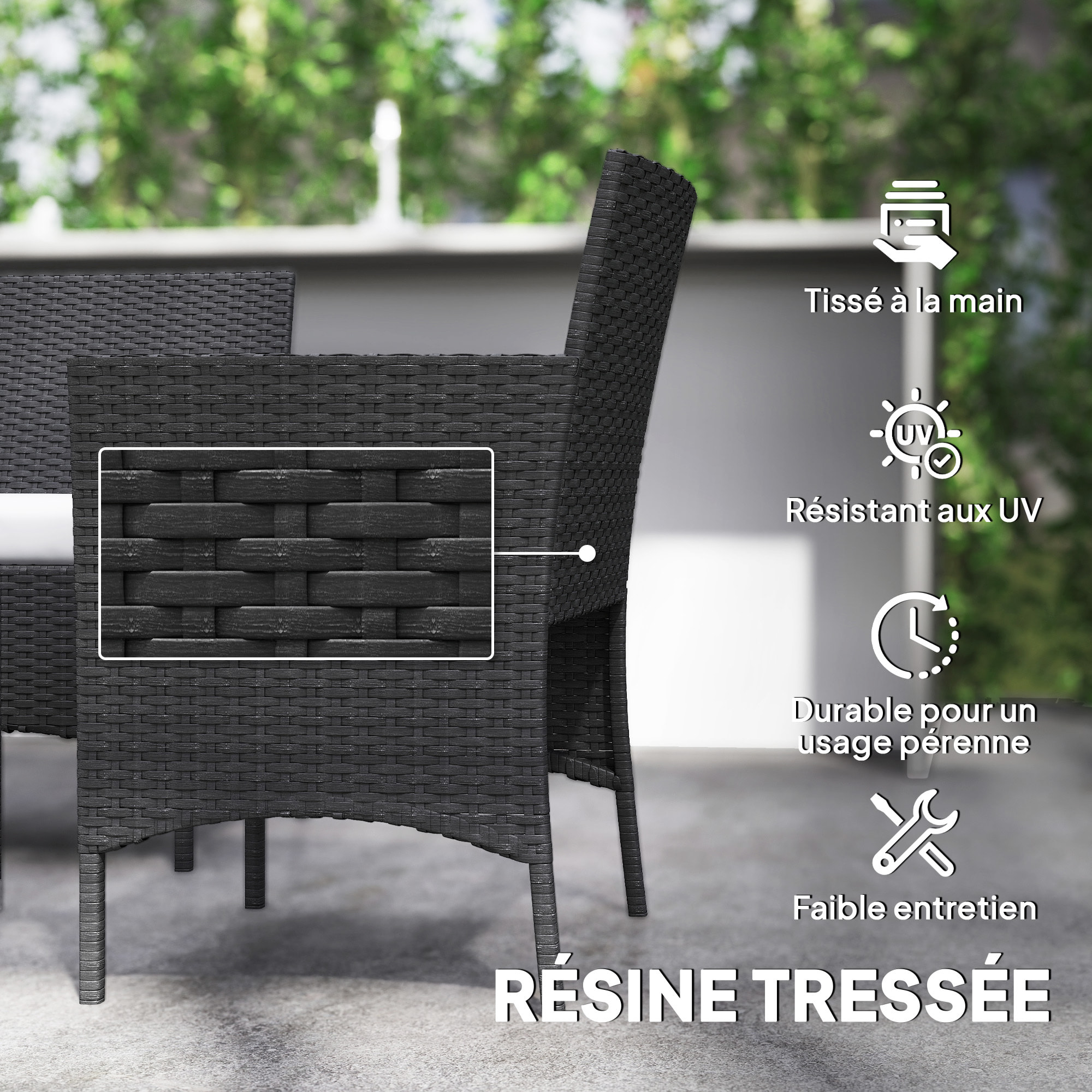 Ensemble salon de jardin 4 personnes 4 pièces résine tressée plateau verre trempé noir gris