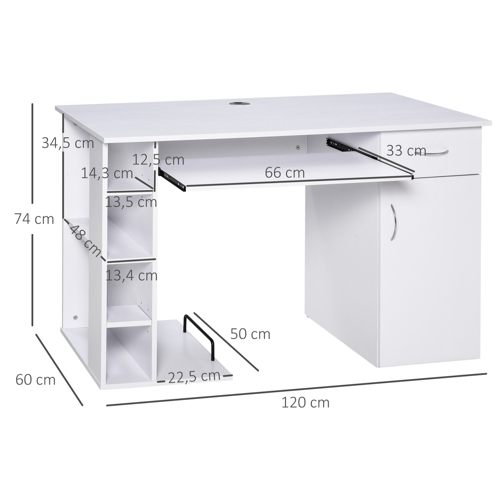 Bureau informatique multimédia multi-rangements avec étagère tiroir tablette clavier MDF 120 x 60 x 74 cm blanc