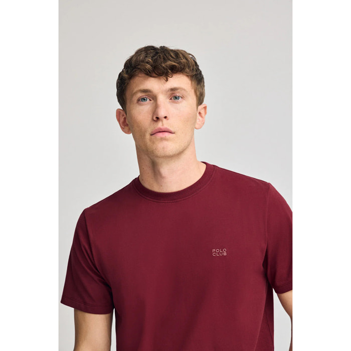 Maglietta granato basic a girocollo con particolare ricamato