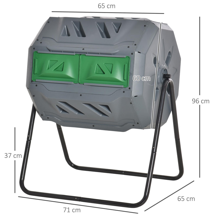 Composteur de jardin - bac à compost pour déchets - rotatif 360° - double chambre 160 L - acier noir PP vert gris