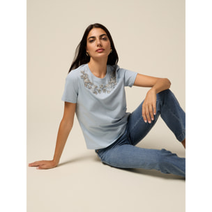 Oltre - T-shirt con ricamo gioiello - Azzurro