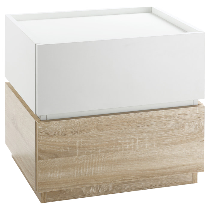 Chevet table de nuit modulable empilable - 2 tiroirs - dim. 50L x 40l x 47,5H cm - blanc aspect chêne clair