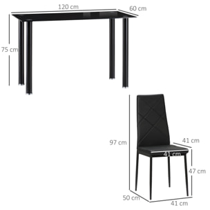 Table de salle à manger avec 4 chaises design contemporain Chesterfield acier plateau verre trempé PVC effet capitonné noir