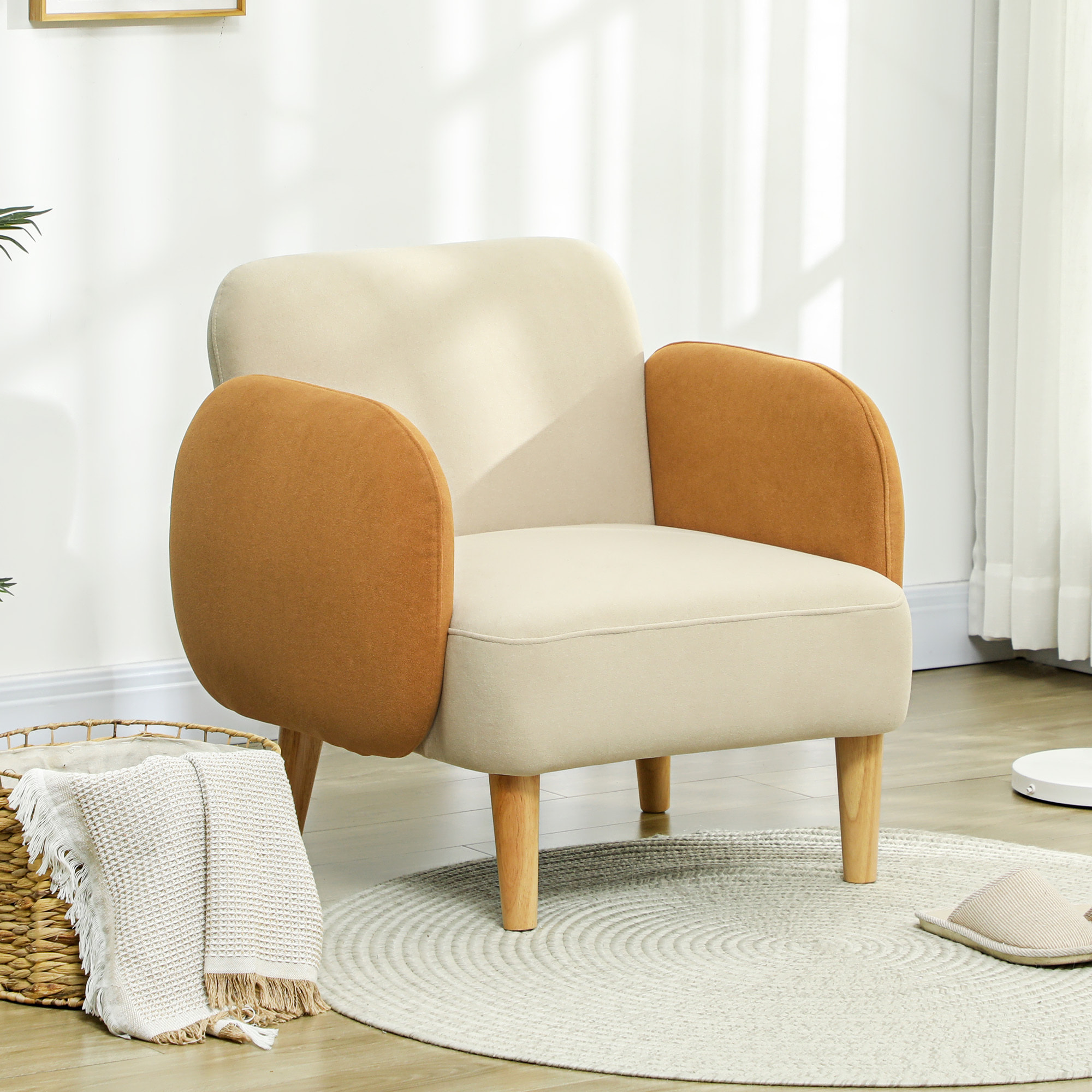 Sillón de Salón Tapizado en Terciopelo Butaca para Dormitorio con Reposabrazos y Patas de Madera Sillón Pequeño Carga 120 kg para Dormitorio Oficina 72x76x74 cm Crema
