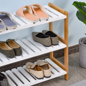 Etagère à chaussures, étagère de rangement, meuble chaussures 3 niveaux bambou MDF blanc