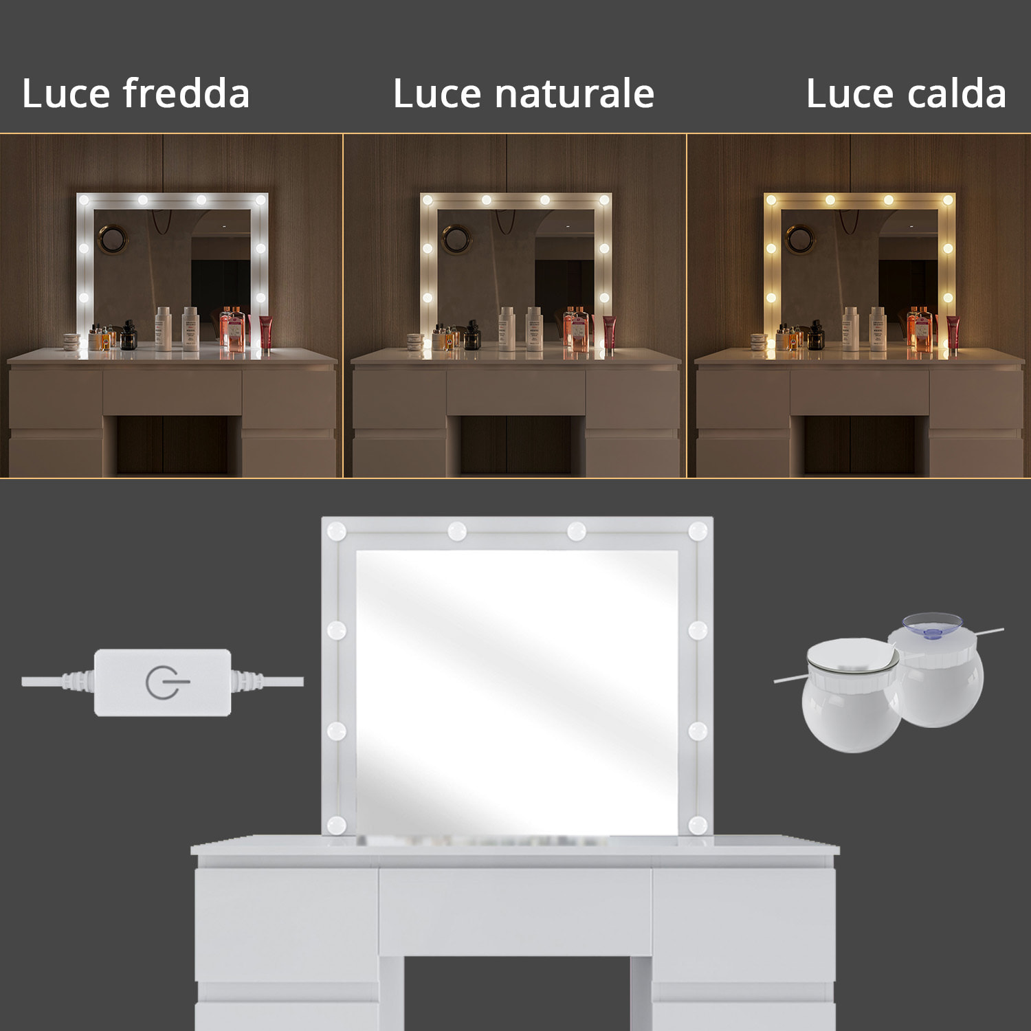 Toeletta Tavolino Da Trucco Tavolo 10 Luci LED Luminosità Regolabile Specchio Orizzontale Con 7 Cassetti Postazione Make Up 39.5x110x140.5 Cm Bianco