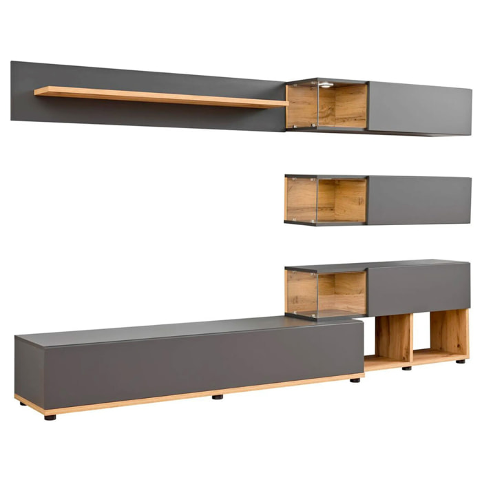 Parete Attrezzata Mobile TV Vetrine LED Pensili Mensola Soggiorno Contenitore Salvaspazio Design Moderno Multimedia 240 x 40 x 150 Cm Rovere Antracite
