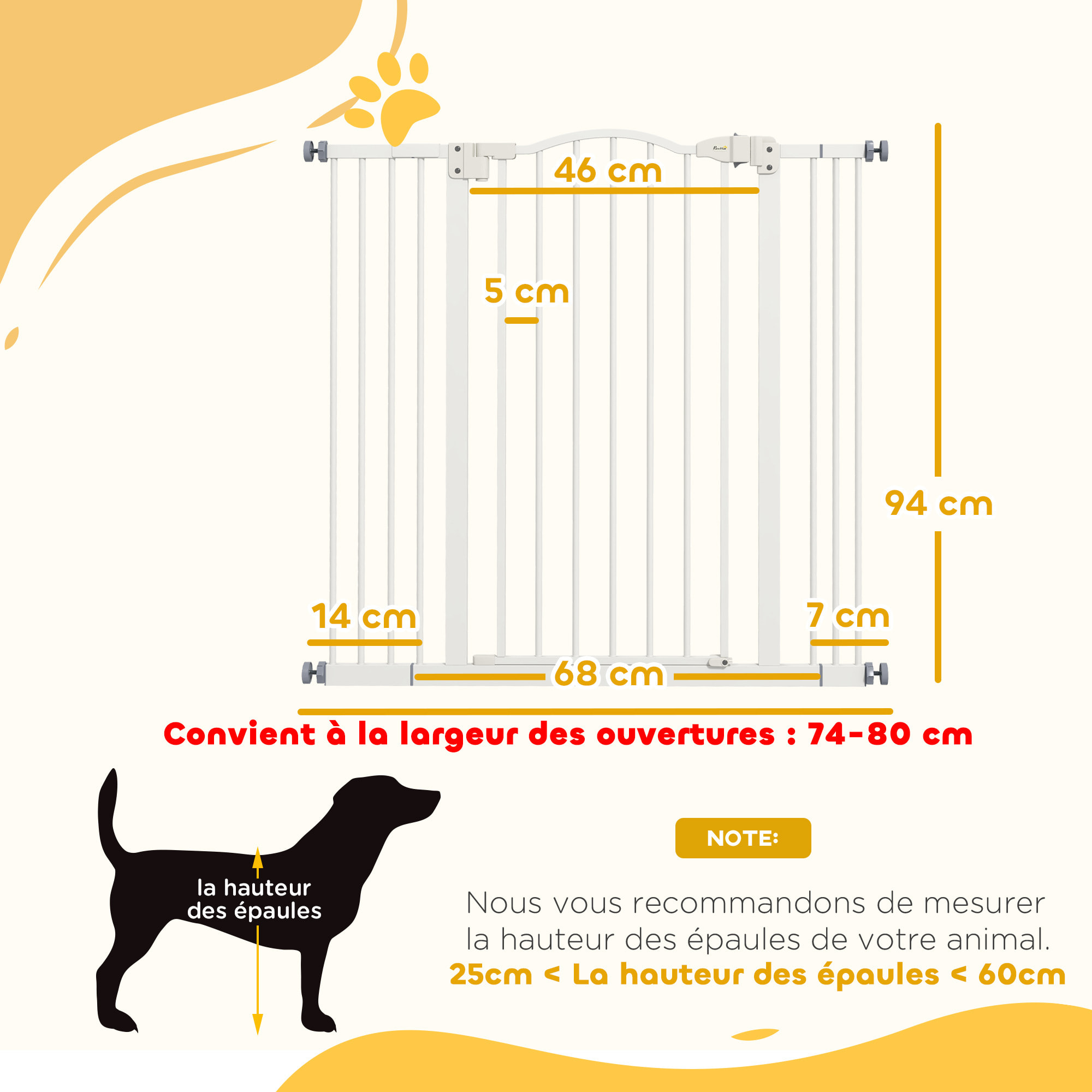 Barrière de sécurité pour chien extensible 74-100 cm, barrière d'escalier à fixation par pression sans percer, double verrouillage, fermeture automatique, hauteur 94 cm, blanc