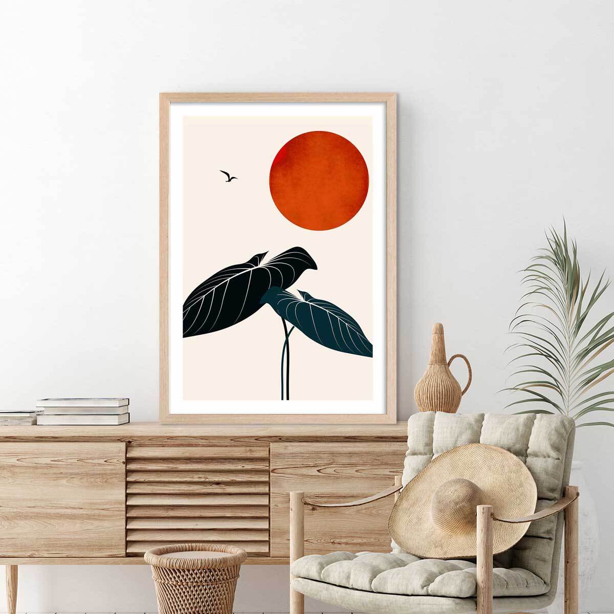 Affiche fleurs ""Monstera au soleil rouge"" Affiche + cadre en bois - Chêne