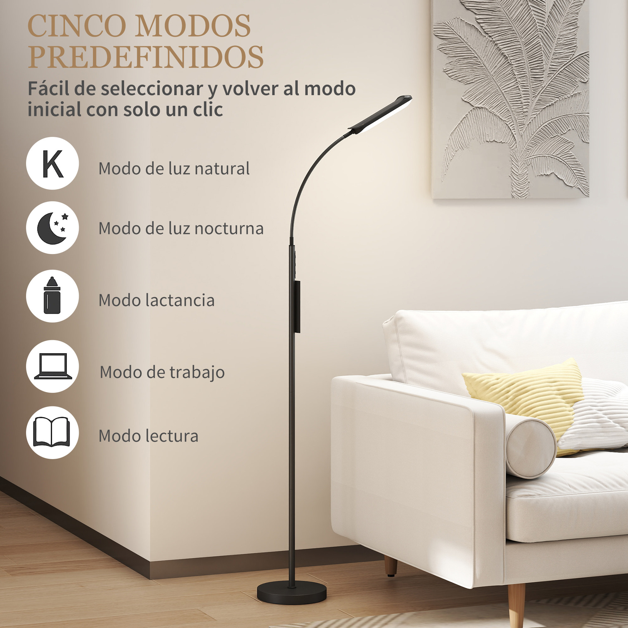 Lámpara de Pie LED Regulable Lámpara de Pie para Salón con Temperaturas de Color Ajuste Continuo Control Remoto y Táctil Temporizador de 60 Minutos Función Memoria Cuello Giratorio Negro