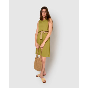 Vestido midi cuello drapeado algodón lino limón