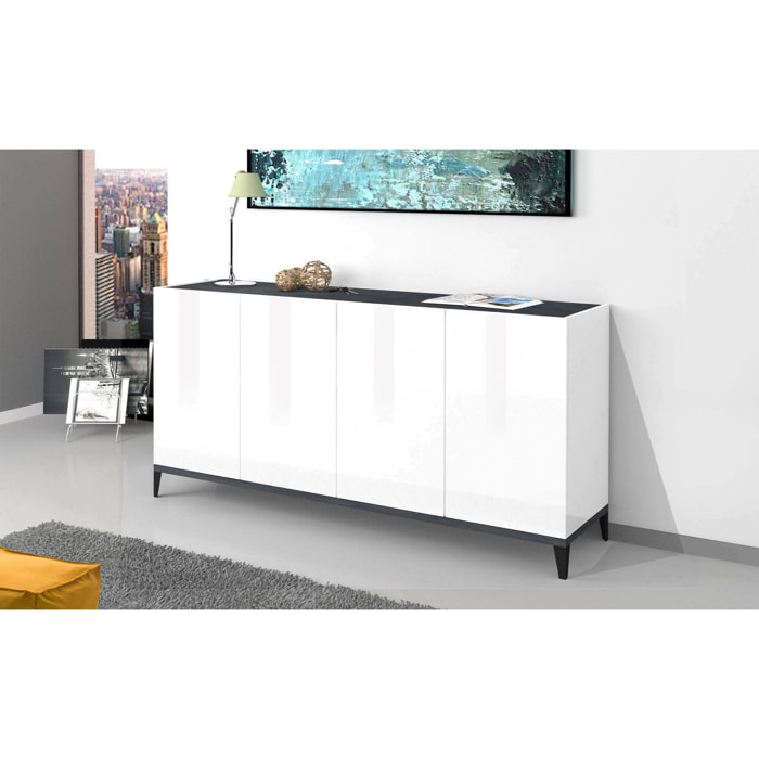 Credenza moderna a 4 ante, Made in Italy, Madia da cucina rialzata, Buffet di design da soggiorno, Cm 160x40h82, Bianco lucido e Ardesia