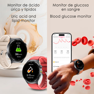 Smartwatch TK27. Llamadas Bluetooth con funciones avanzadas de salud: medición de glucosa, lípidos y ácido úrico, temperatura corporal, ECG, micro examen físico y composición corporal.