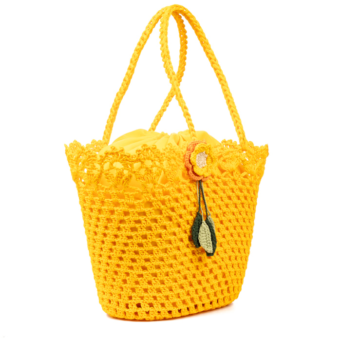 Zeccone borsa a spalla donna. Realizzata in cotone, con pon pon decorativo.