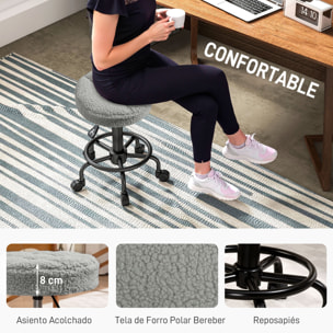 Taburete Giratorio Redondo Taburete con Ruedas Altura Regulable 50-66 cm Asiento Tapizado en Tejido de Borreguito para Salones Talleres Spa Masaje Gris