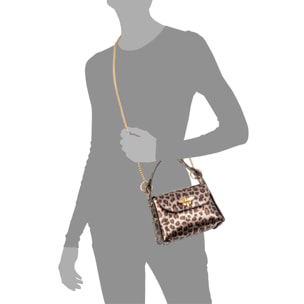 Aquileia bolso de mano mujer. Piel auténtica Gamuza con estampado animal print leopardo lacada brillante.