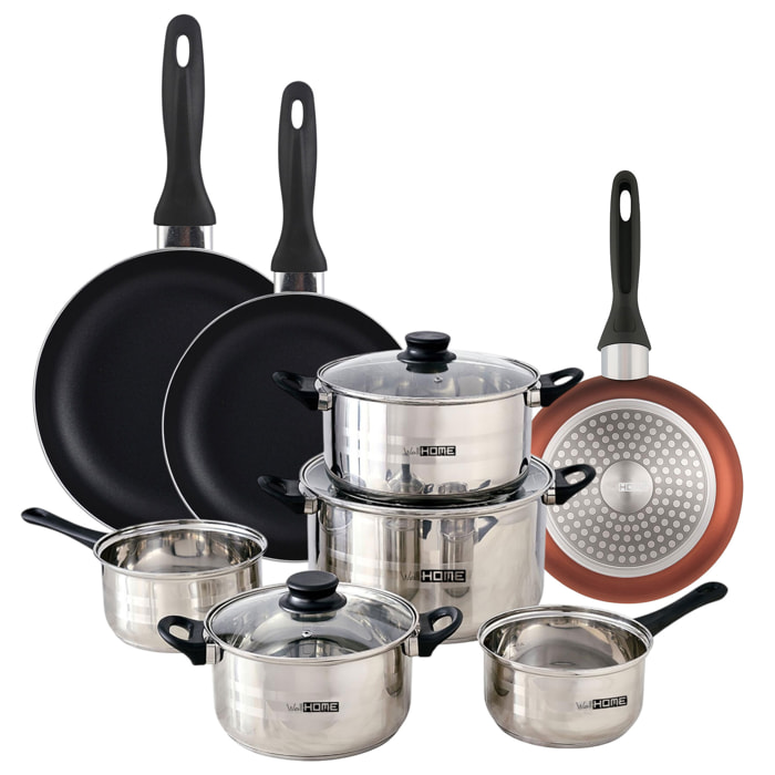 set de batería de cocina de 8pc en acero inoxidable + 3 sartenes ø16ø20ø24cm cobre metalizado en aluminio prensado