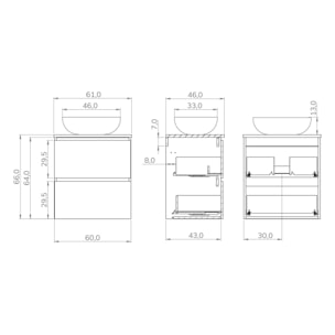 Ensemble Salle de Bain Kaji | 60 cm Bardolin | Deux Tiroirs | Lavabo Rond sur Plan | N'inclut pas le Miroir | Alday