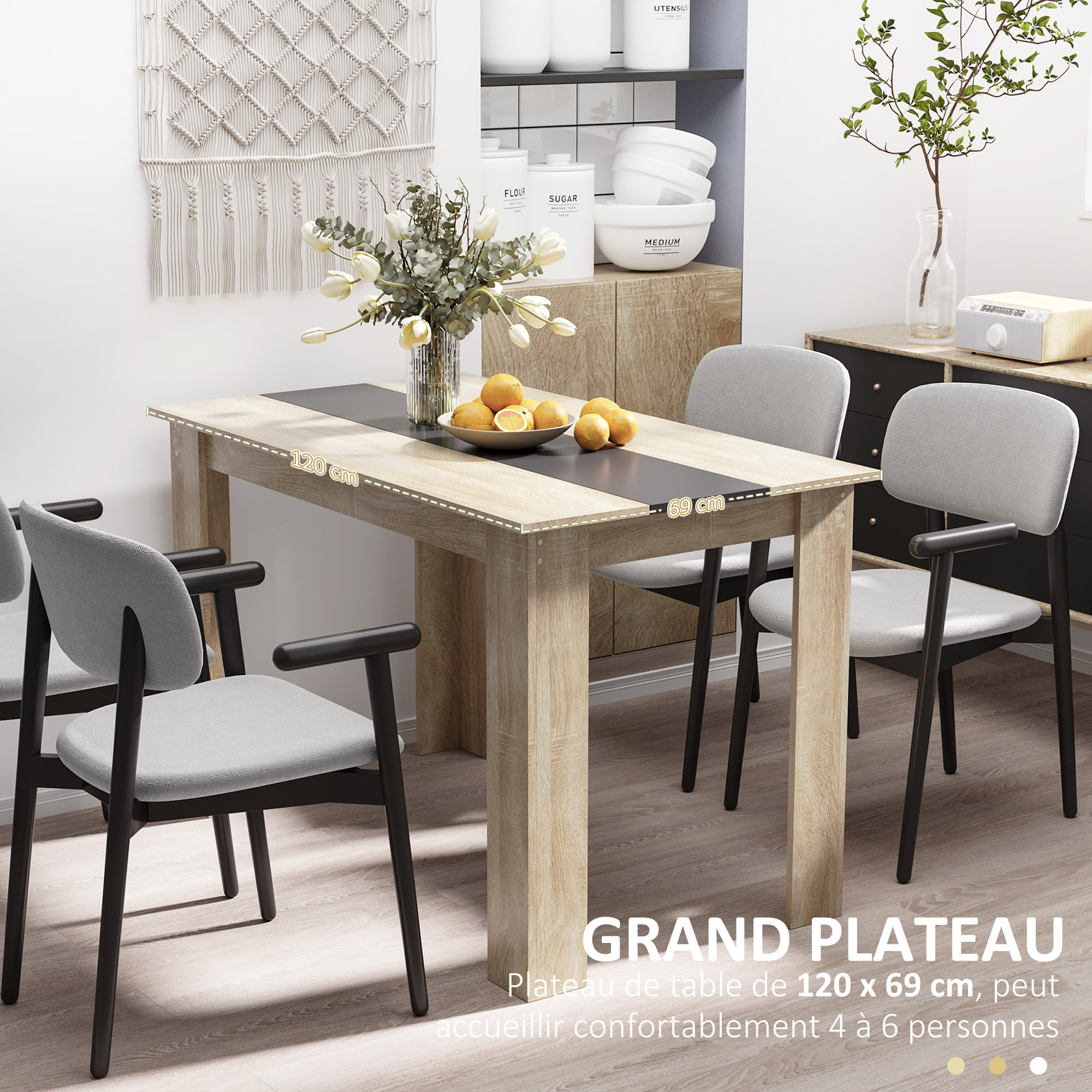 Table à manger grand plateau 4-6 personnes - dim. 120L x 69l x 75H cm - panneaux noir aspect chêne clair