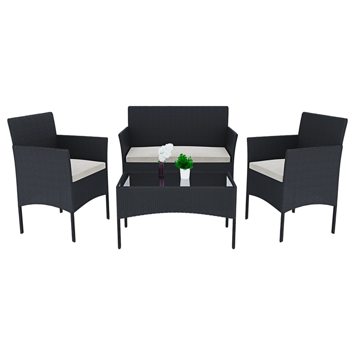 Set Di Mobili da Giardino Salotto Salottino in Rattan 4 Posti con Tavolino E Ripiano In Vetro 2 Poltrone e Divano 2 Posti Per Giardino Esterno Piscina Cuscini Sfoderabili Colore Nero