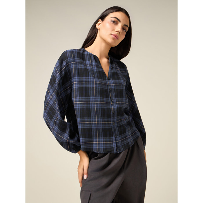 Oltre - Camisa mezcla viscosa a cuadros - Azul