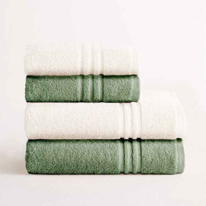 Set 2 toallas ducha + 2 toallas lavabo musgo-blanco premium