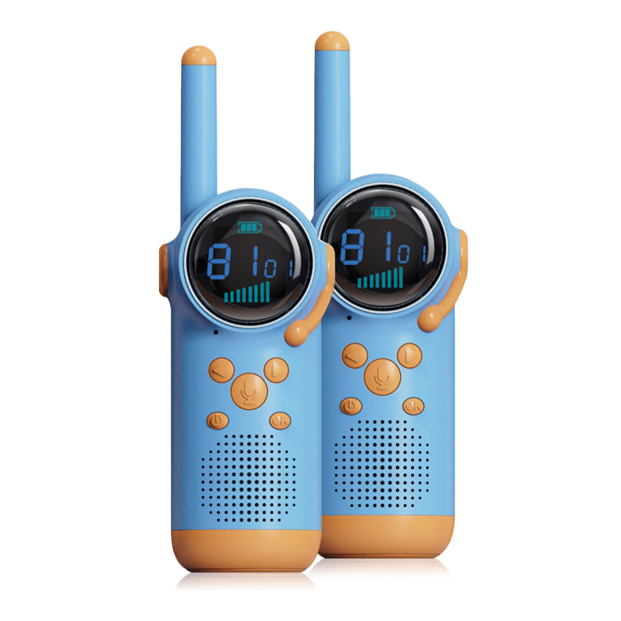 DAM Walkie Talkies infantiles D22, 1-3 km, pantalla a color, 99 códigos de grupo encriptados, luz LED. 2 unidades. Batería recargable. 4,5x4,5x14,3 Cm. Color: Azul