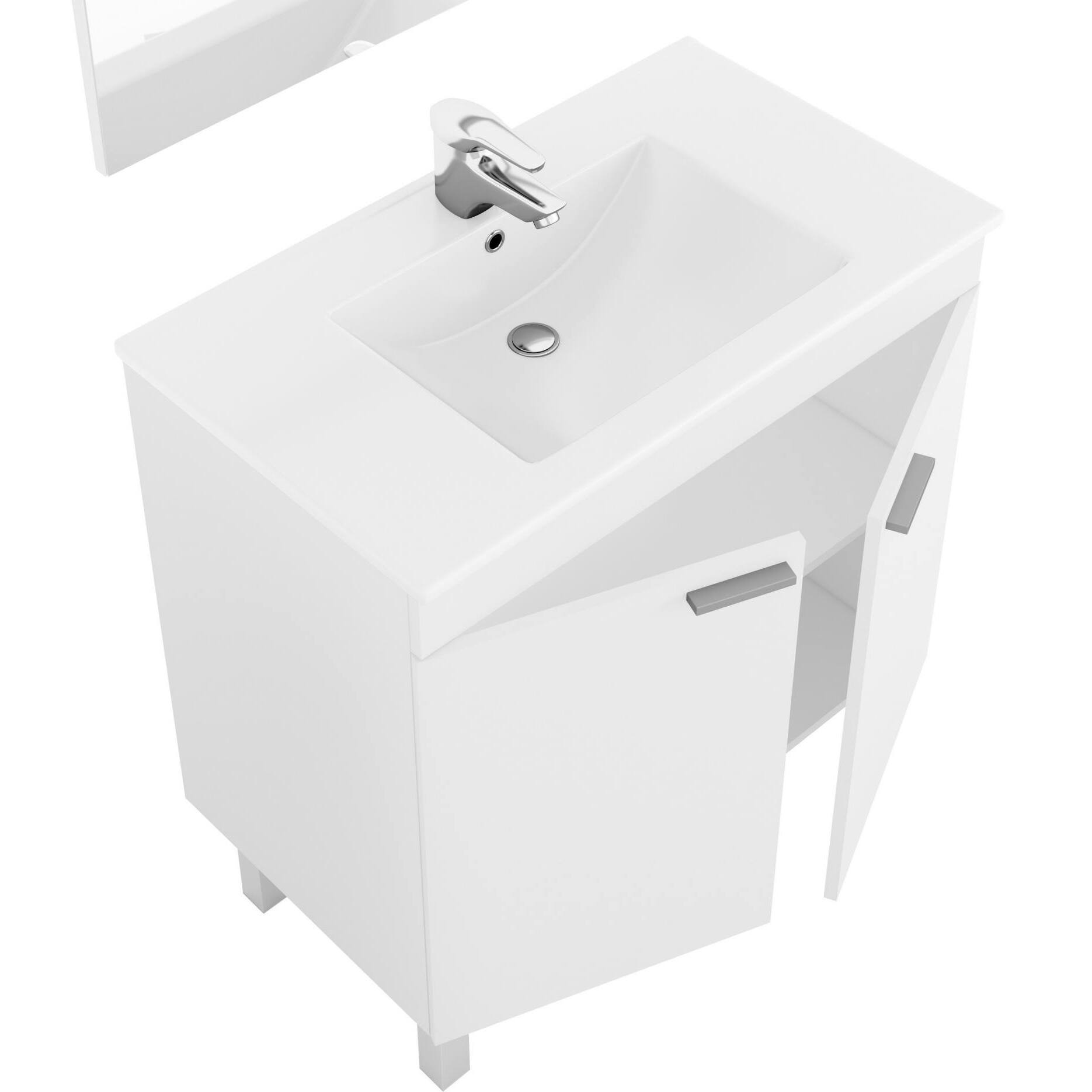 Mobile sottolavabo Augusta, Mobiletto per bagno a 2 ante, Armadietto da terra con specchio, cm 80x45h80, Bianco