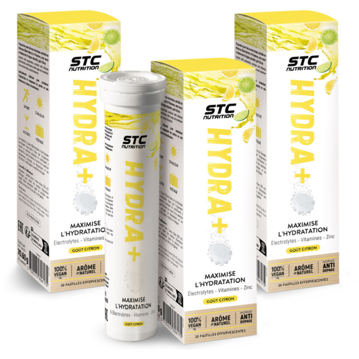 STC NUTRITION - Hydra+ - Préparation pour boisson isotonique à base d'Électrolytes, Vitamines, sucre et édulcorant naturels - Optimise l'hydratation - Citron - Lot de 3