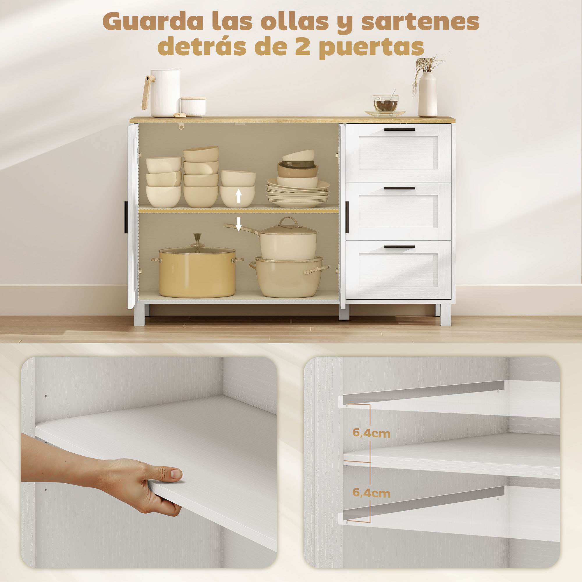Aparador 2 Puertas, Aparador para Salón Moderno, con 3 Cajones, Estante Ajustable y Patas de Madera, para Comedor, Entrada, Dormitorio, 120x38x76 cm, Blanco