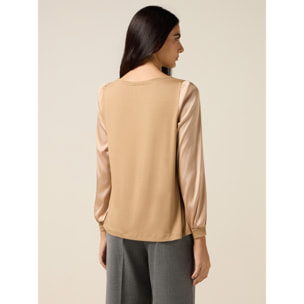 Oltre - Camiseta bimaterial con estampado y aplicaciones - Beige