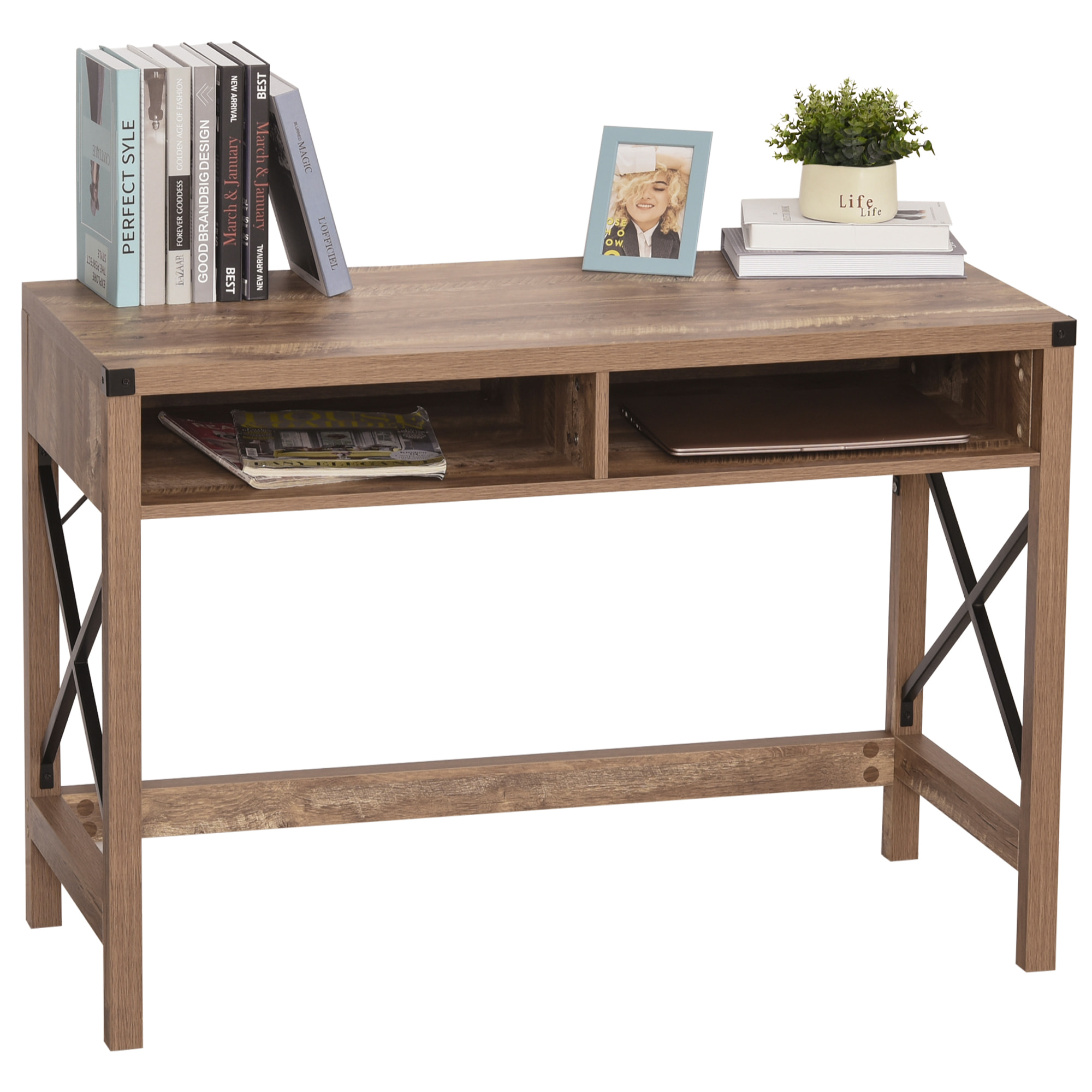 Bureau design industriel grand plateau 2 niches métal noir panneaux particules imitation bois veinage marron