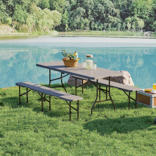 Conjunto de Camping Plegable de 3 Piezas Mesa Plegable Camping con Bancos Incluye 1 Mesa 180x74x74 cm y 2 Bancos Efecto Madera Impermeable para Acampadas Jardín Pícnic Marrón