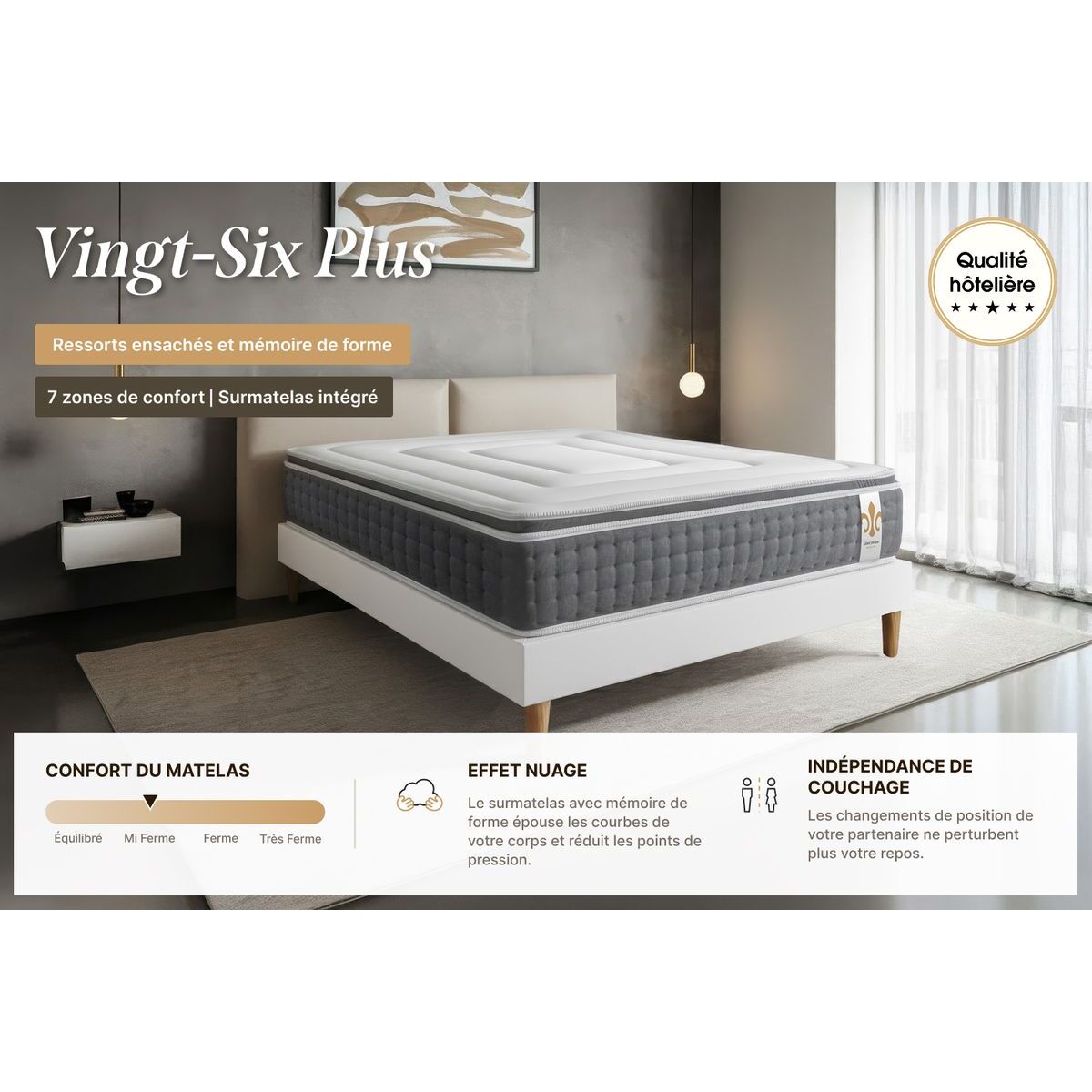 Ensemble Matelas Vingt-Six PLUS - 26cm - Ressorts ensachés et mémoire de forme - Surmatelas intégré - Sommier kit Blanc