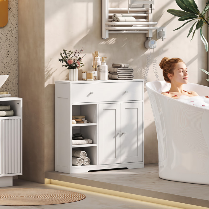 Armario de Baño Estrecho, Mueble Auxiliar de Baño con Cajón, 2 Puertas y 3 Estantes Abiertos, Ahorro Espacio, 80x30x80,2 cm, para Cocina, Salón o Despacho, Blanco Veteado