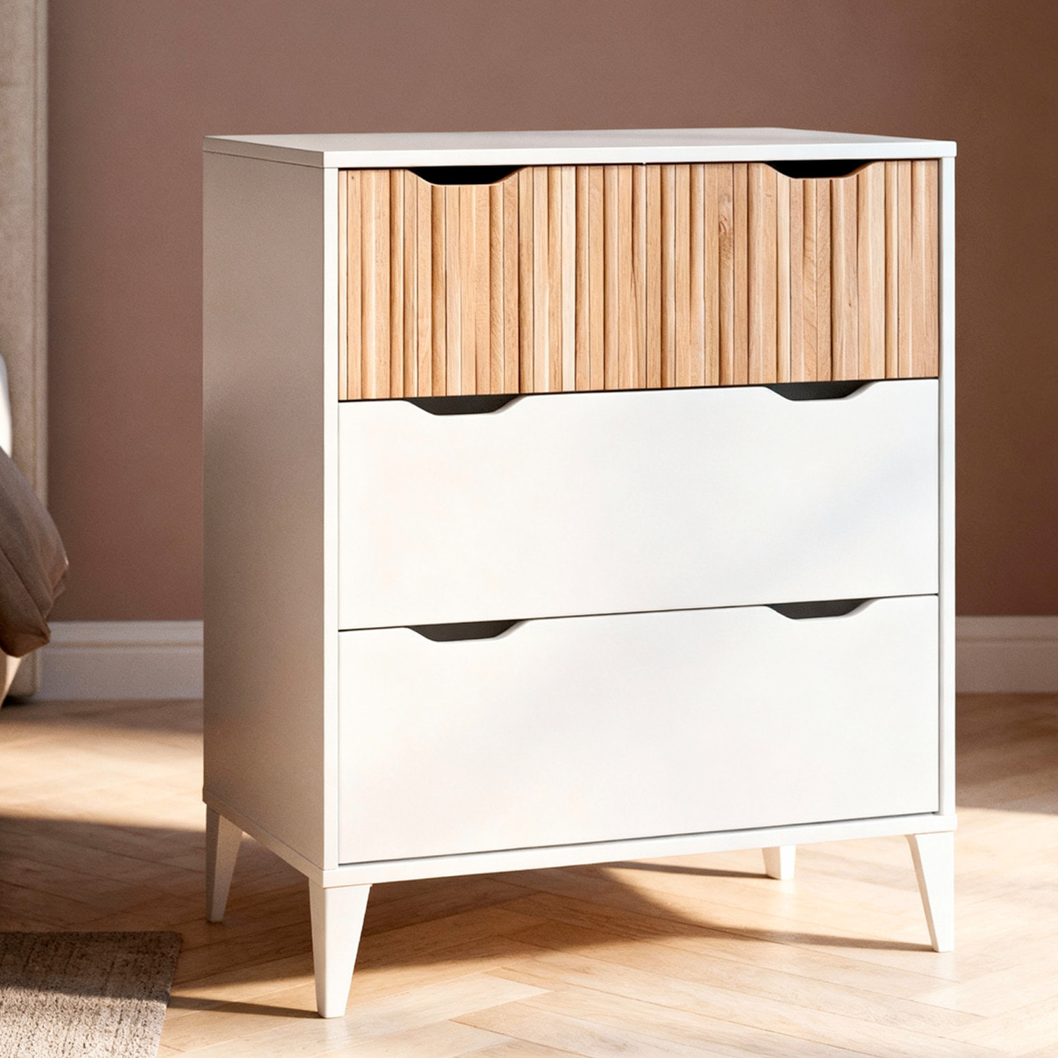 Cassettiera Stile Nordico Con 3 Cassetti Mobile Per Camera Da Letto Con Gambe Rialzate Mobile Design Scandinavo 70.5 x 76 x 40 Cm Bianco E Rovere