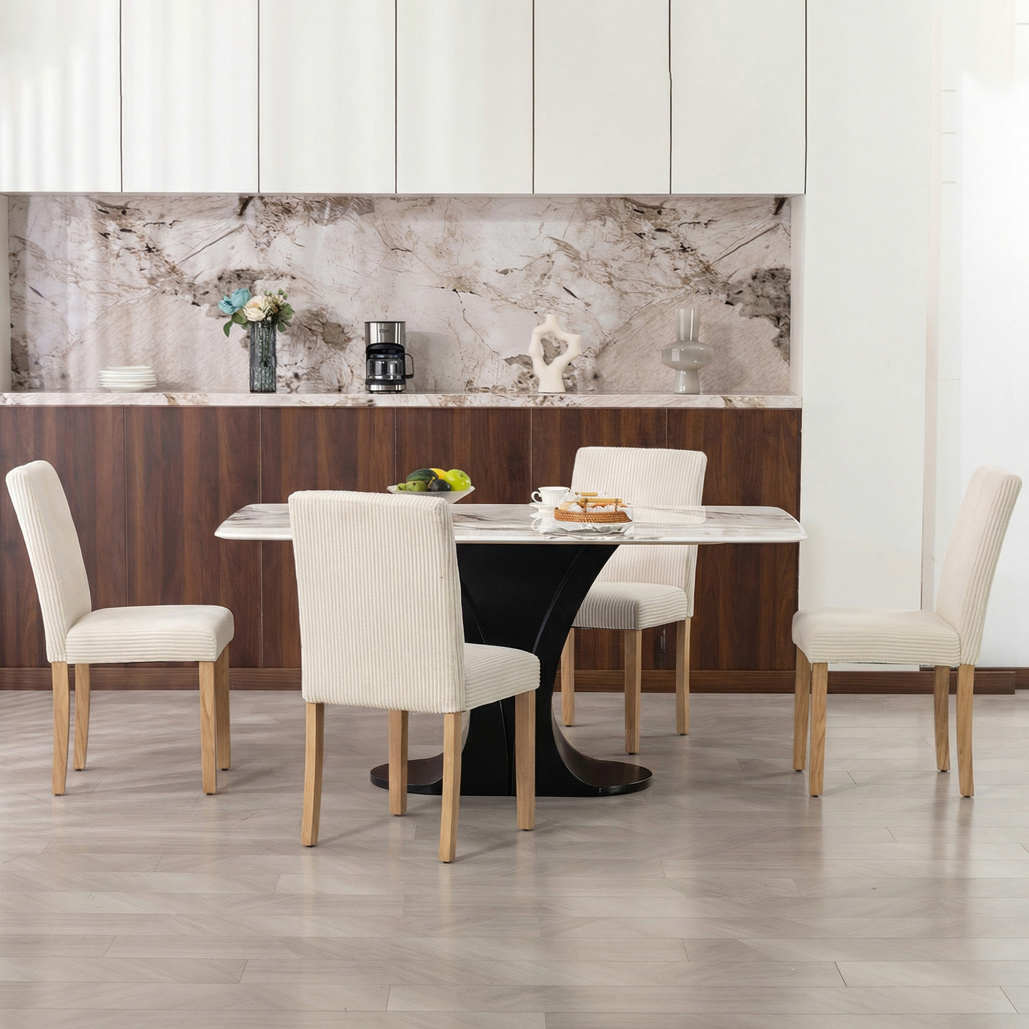 Pack de 4 Sillas de Comedor, Sillas de Cocinas Modernas, Respaldo Alto, Tapizadas en Pana, Asiento Acolchado, Patas de Madera, para Salón, Beige