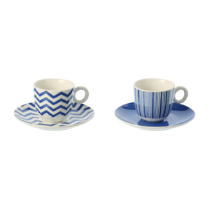 J-Line Tasse + Sous-tasse Ligné - porcelaine - bleu/blanc - small - set de 2