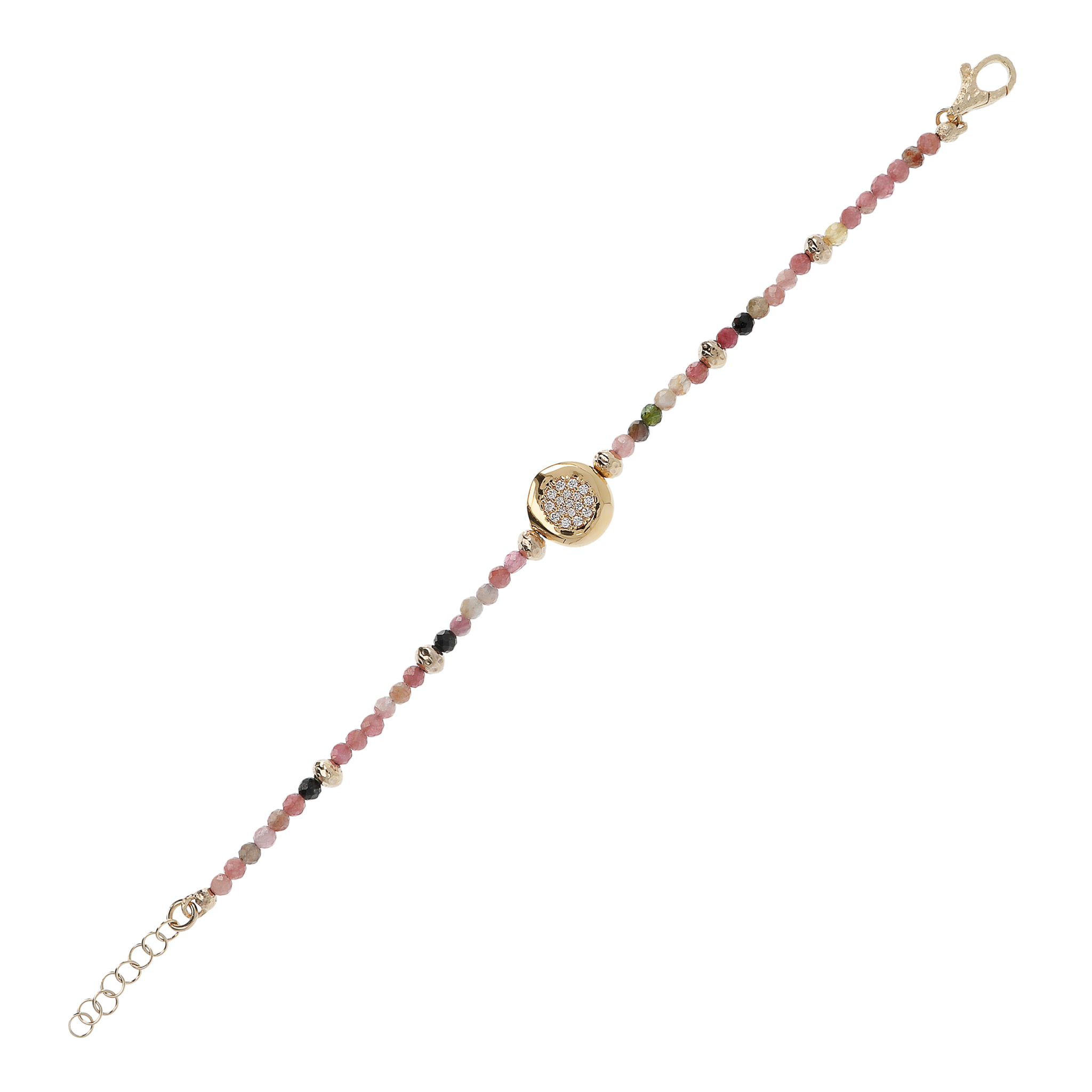 Bracciale in Tormalina Multicolore e Ciondolo Martellato con Cuore Pavé in Cubic Zirconia