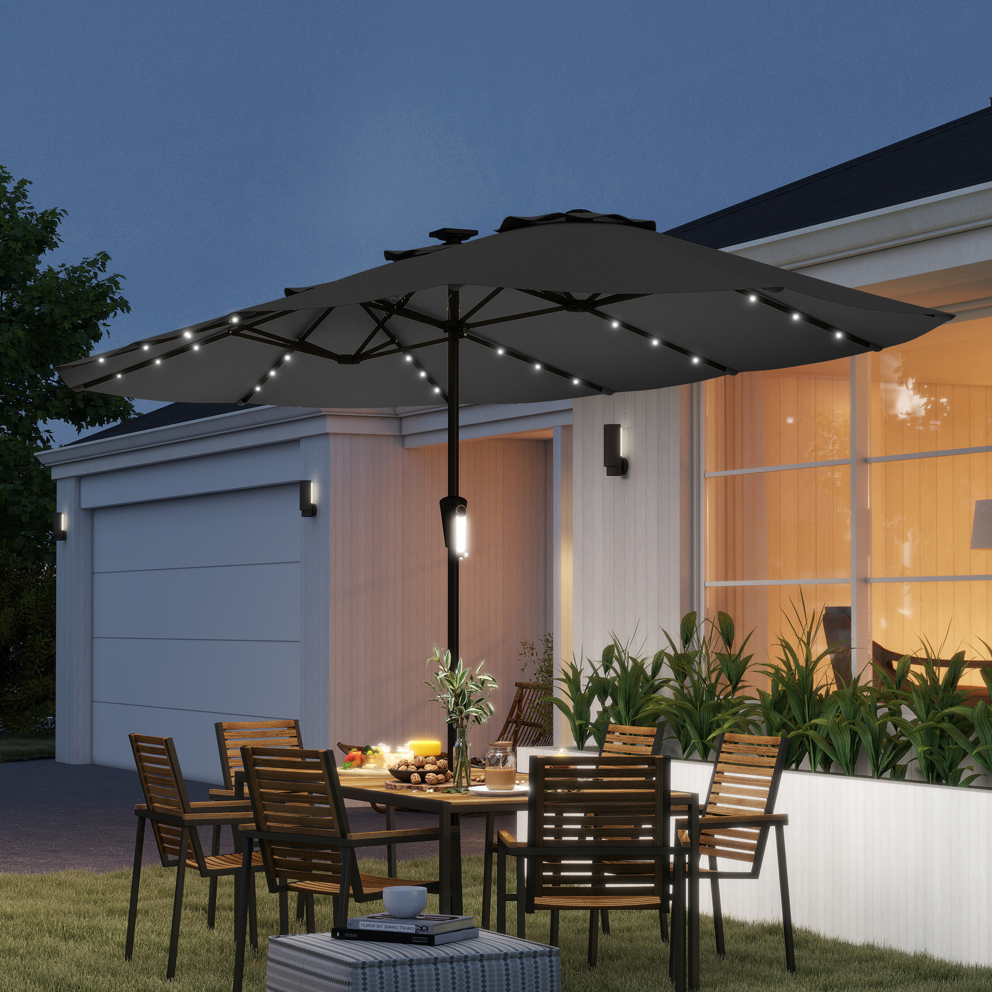 Sombrilla Doble con 36 Luces LED Solares, 4x2 m, Sombrilla Terraza Exterior con Manivela, UPF50+, 12 Varillas, Resistente al Agua, Parasol para Jardín, Terraza, Patio, Gris Oscuro