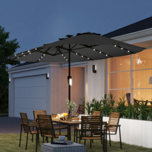 Sombrilla Doble con 36 Luces LED Solares, 4x2 m, Sombrilla Terraza Exterior con Manivela, UPF50+, 12 Varillas, Resistente al Agua, Parasol para Jardín, Terraza, Patio, Gris Oscuro