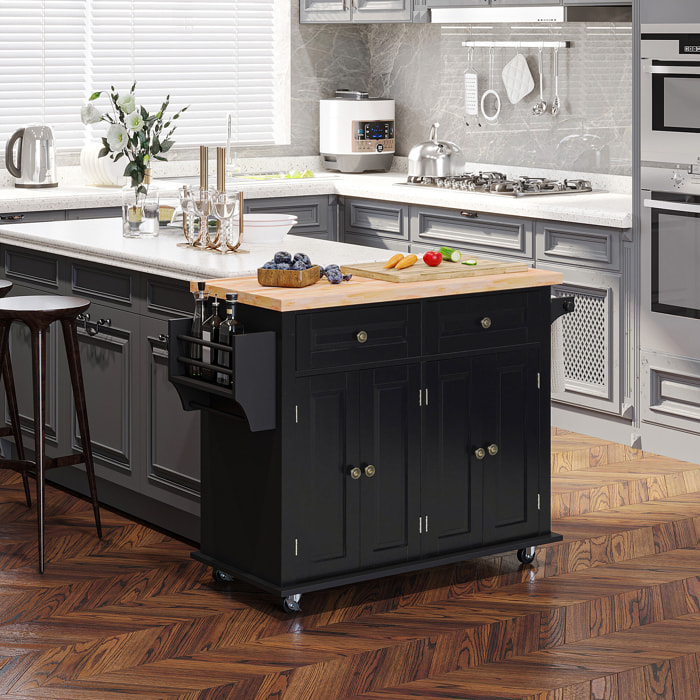 Isla de Cocina con Ruedas Carro de Cocina Mueble Auxiliar de Cocina con 2 Cajones 4 Puertas Especiero y Barra Lateral para Comedor 111x44,5x82,5 cm Negro