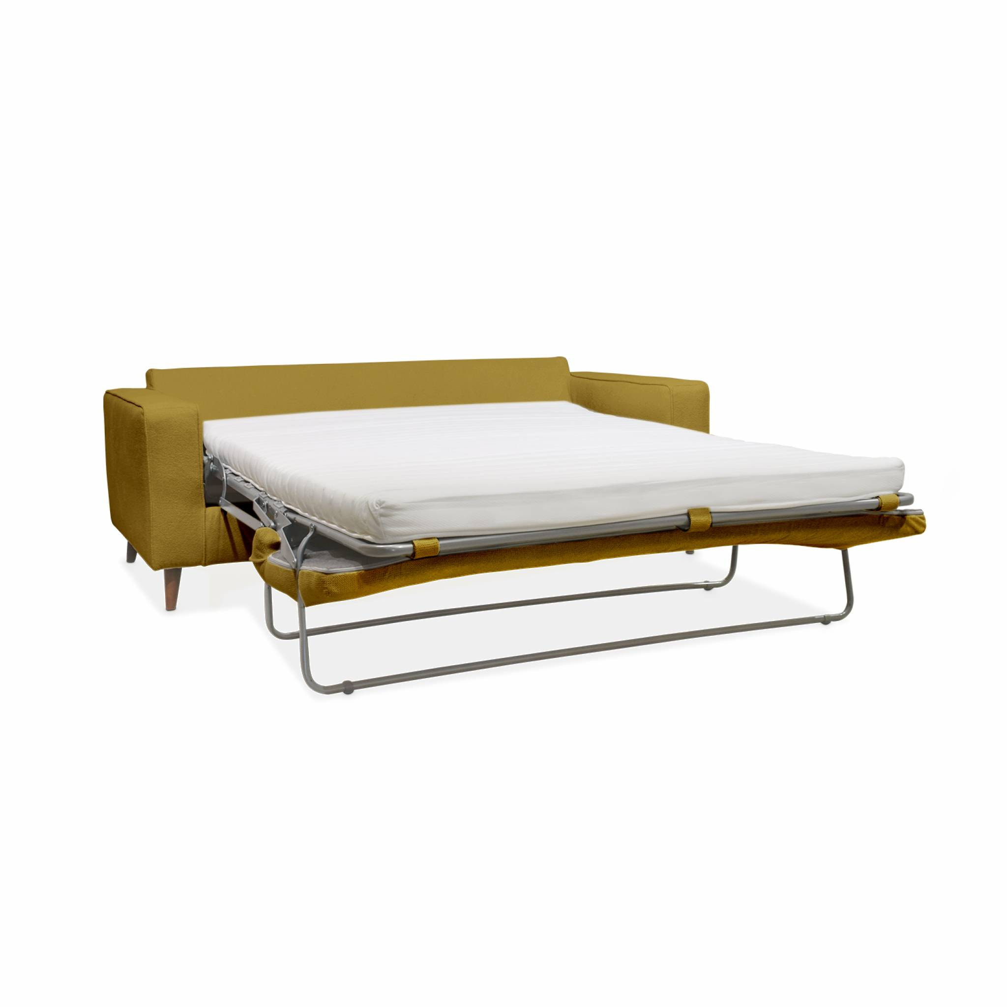 Canapé lit 3 places moutarde avec matelas 12cm d'épaisseur. fabriqué en France