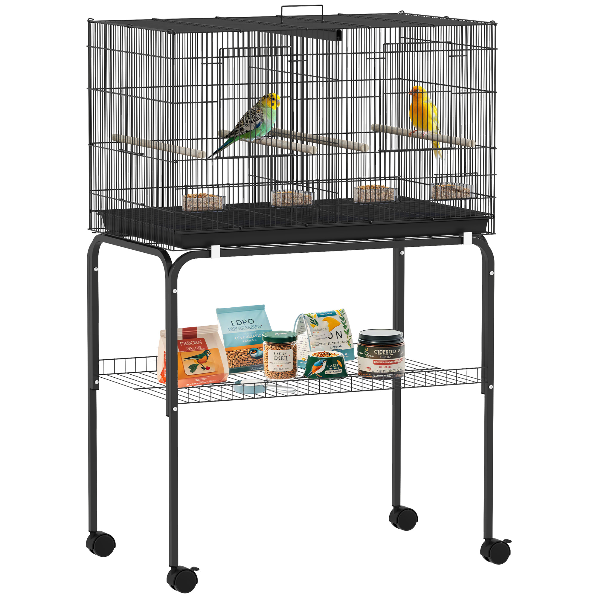 Jaula para Pájaros con Divisor Jaula con Ruedas para Mascota Aves Loros Canarios Pajarera con Comederos Perchas y Bandeja Extraíble 76x46x116 cm Negro